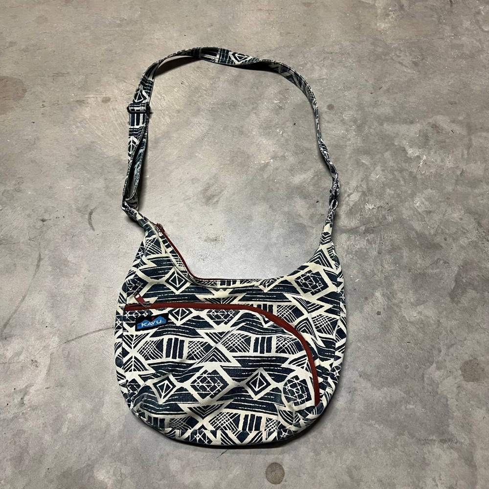 KAVU Sydney Satchel Crossbody Bag Navy White Geometric Tribal Canvas Purse